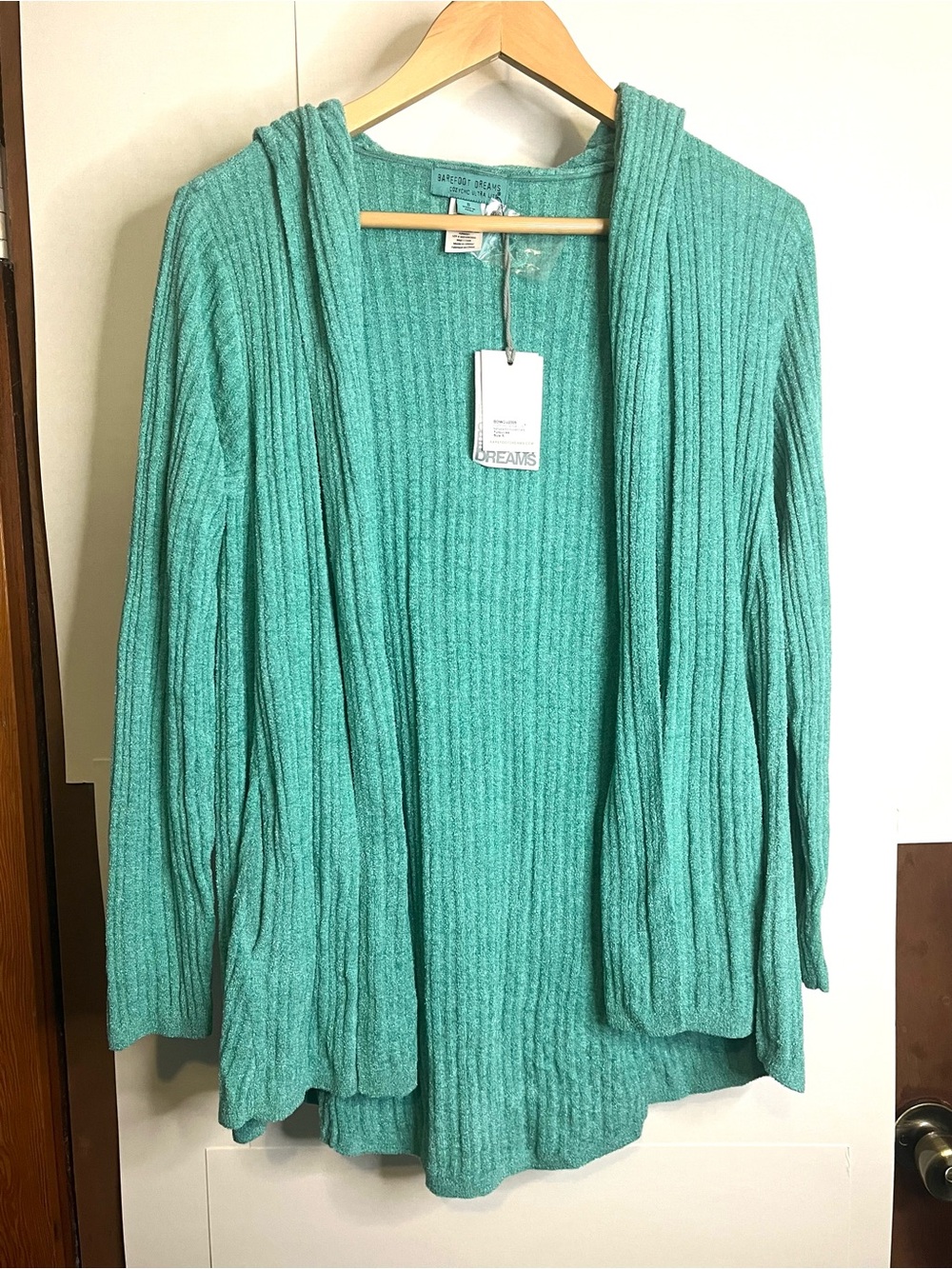 Barefoot Dreams (NWT) Women’s S Turquoise “Namaste” Rib Hooded Cardi